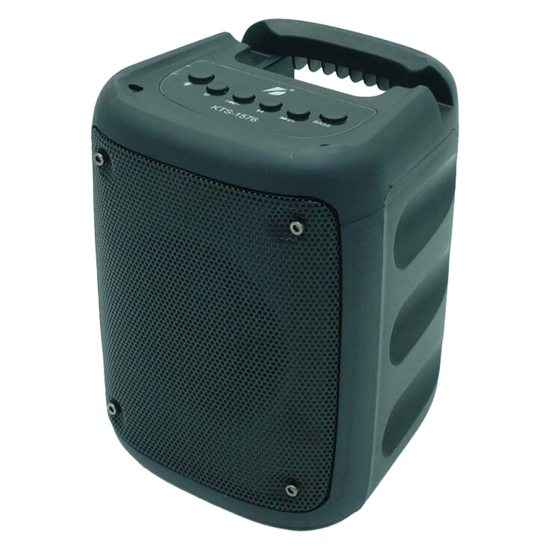 اسپیکر بلوتوثی قابل حمل KTS مدل 1576، مدت زمان پخش 7 ساعت، منبع انرژی باتری، مدت زمان شارژ شدن 3 تا 4 ساعت، همراه با کابل شارژ، درگاه ارتباطی شامل USB، AUX و microSD، دارای نورپردازی